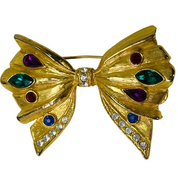 Vtg Gold Tone Bow Brooch Pin Clear and colorful Rhinestones Coat Scarf Hat Hair - Picture 2 of 6